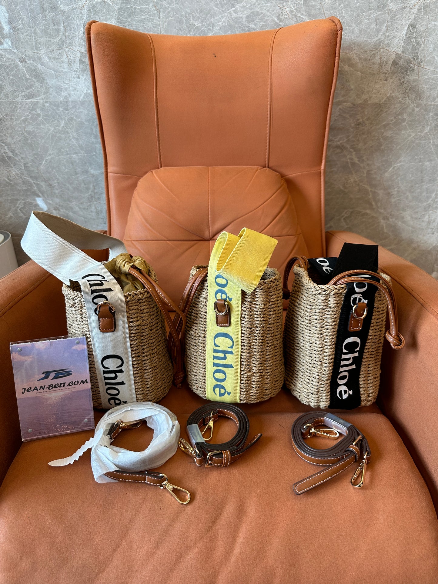 Chloé Straw Bucket Bag with Logo Strap Leather Trim