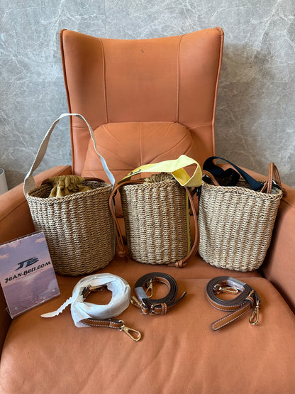 Chloé Straw Bucket Bag with Logo Strap Leather Trim