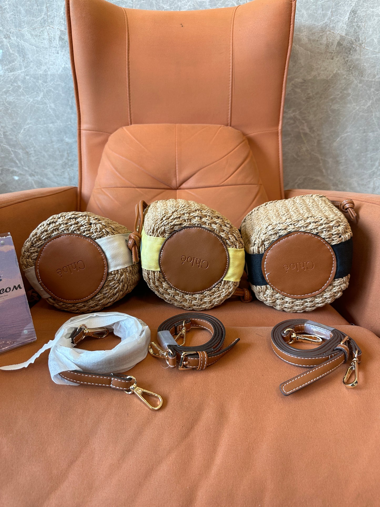 Chloé Straw Bucket Bag with Logo Strap Leather Trim