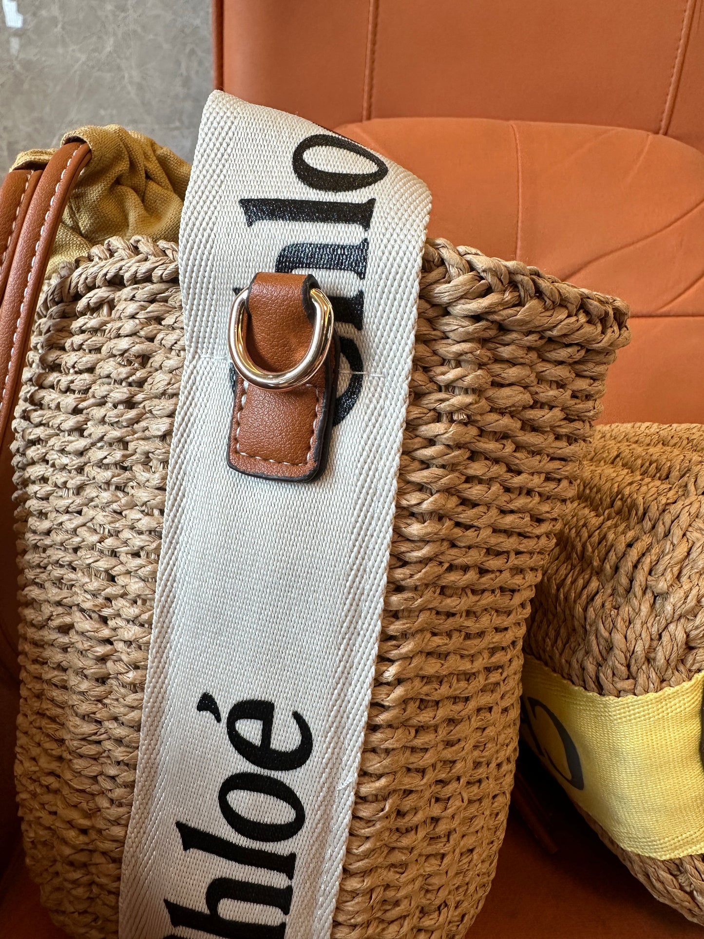 Chloé Straw Bucket Bag with Logo Strap Leather Trim