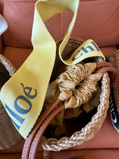 Chloé Straw Bucket Bag with Logo Strap Leather Trim