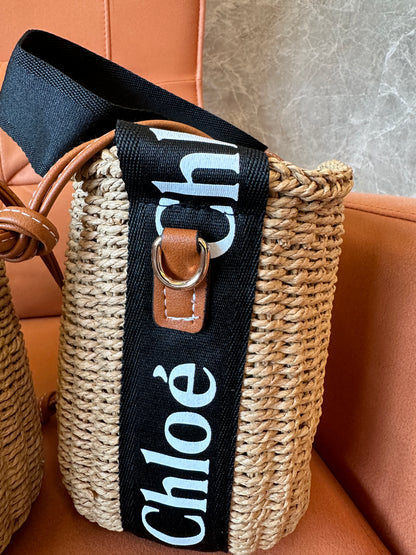 Chloé Straw Bucket Bag with Logo Strap Leather Trim