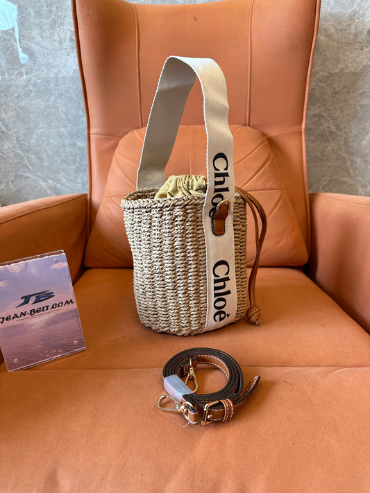 Chloé Straw Bucket Bag with Logo Strap Leather Trim