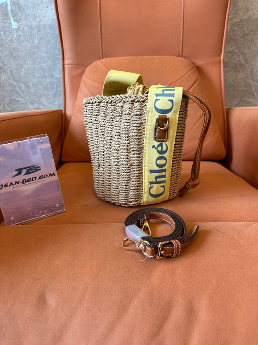 Chloé Straw Bucket Bag with Logo Strap Leather Trim