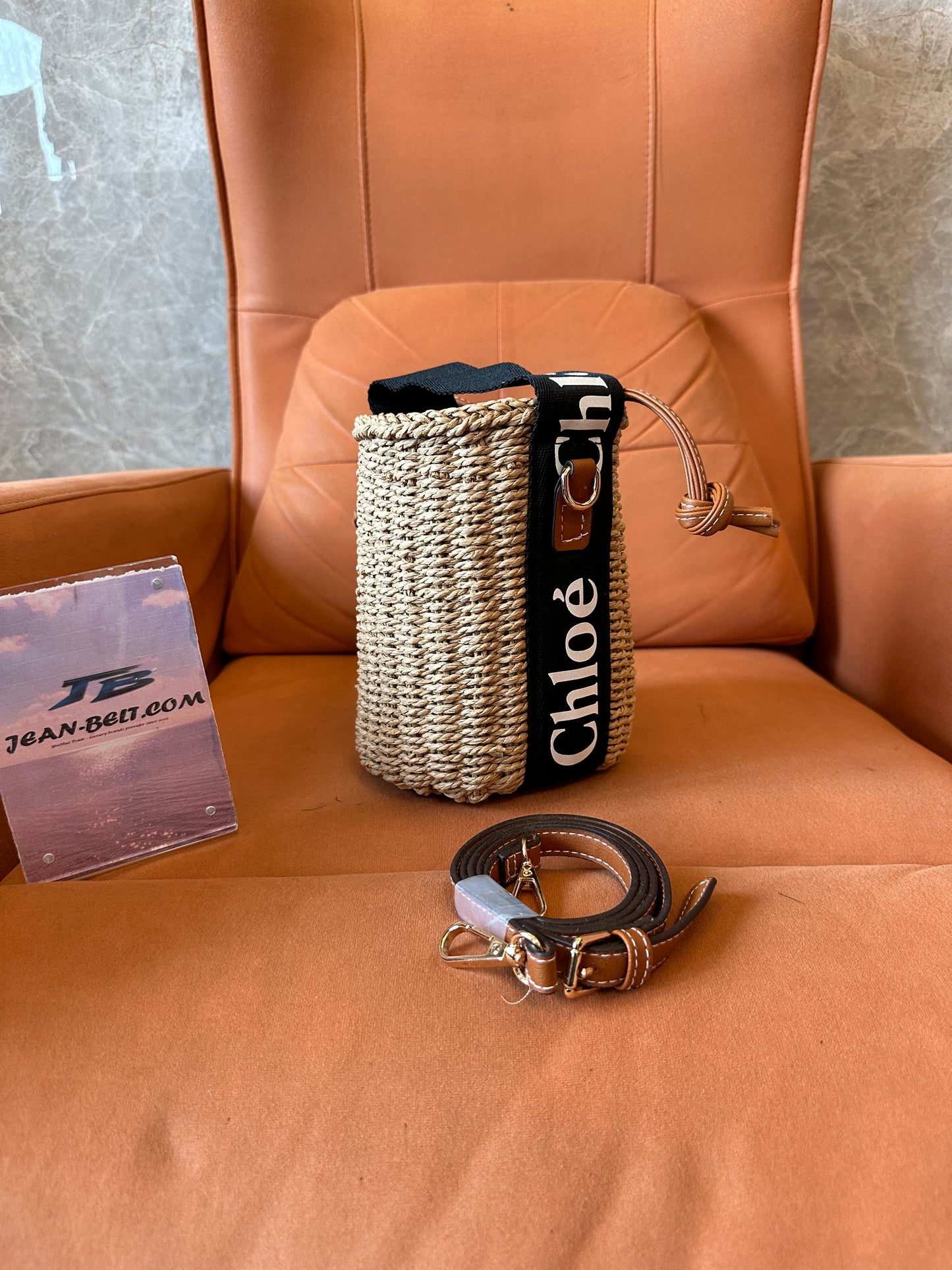 Chloé Straw Bucket Bag with Logo Strap Leather Trim