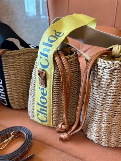 Chloé Straw Bucket Bag with Logo Strap Leather Trim