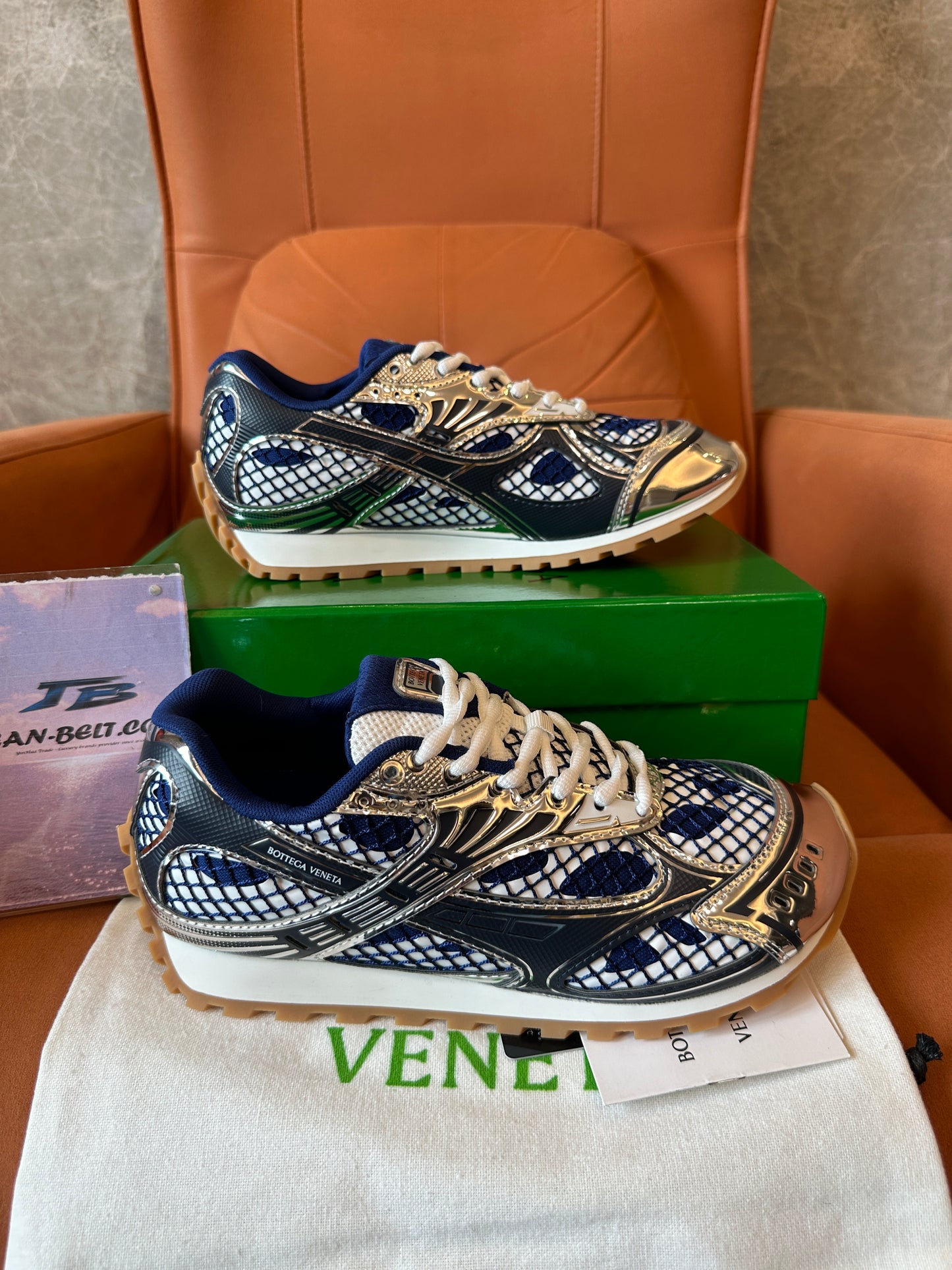 Bottega Veneta Mesh Panel Sneakers Blue White Silver Low-Top Trainers