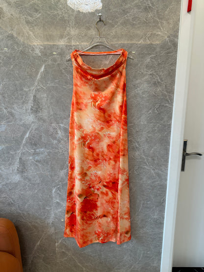 Orange Floral Halter Neck Maxi Dress Backless Sleeveless Long Dress
