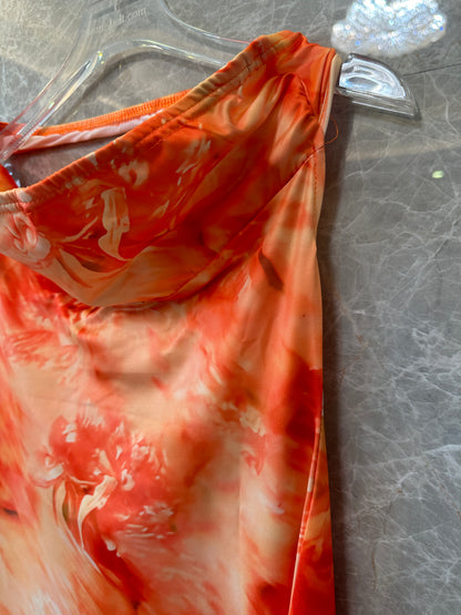 Orange Floral Halter Neck Maxi Dress Backless Sleeveless Long Dress
