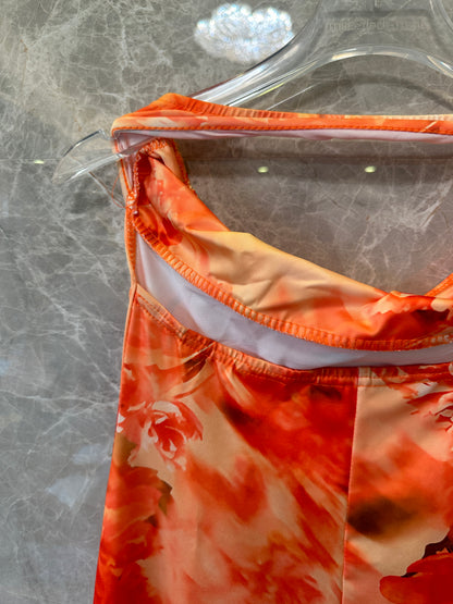 Orange Floral Halter Neck Maxi Dress Backless Sleeveless Long Dress