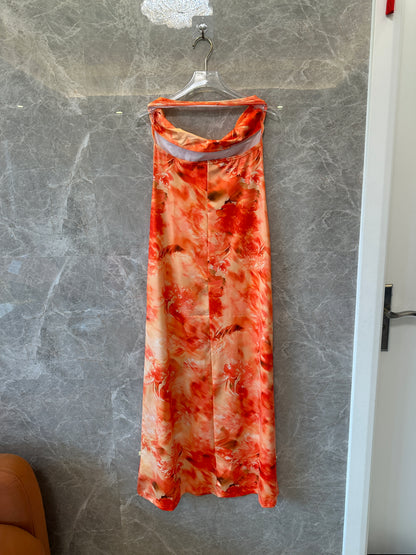 Orange Floral Halter Neck Maxi Dress Backless Sleeveless Long Dress