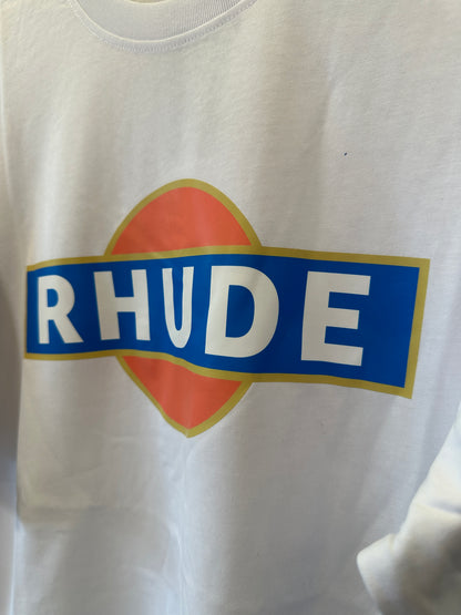 Rhude Sunset Gas Logo T-shirt – White Cotton Tee with Retro Print