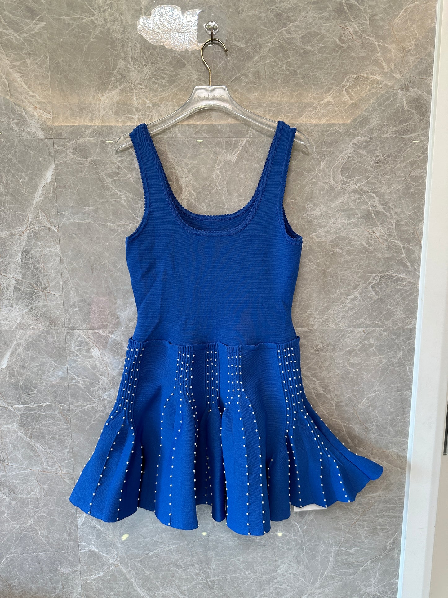 Sandro Blue Knit Mini Dress with Crystal Embellished Pleated Hem