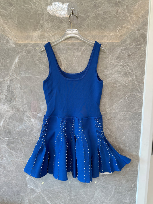 Sandro Blue Knit Mini Dress with Crystal Embellished Pleated Hem