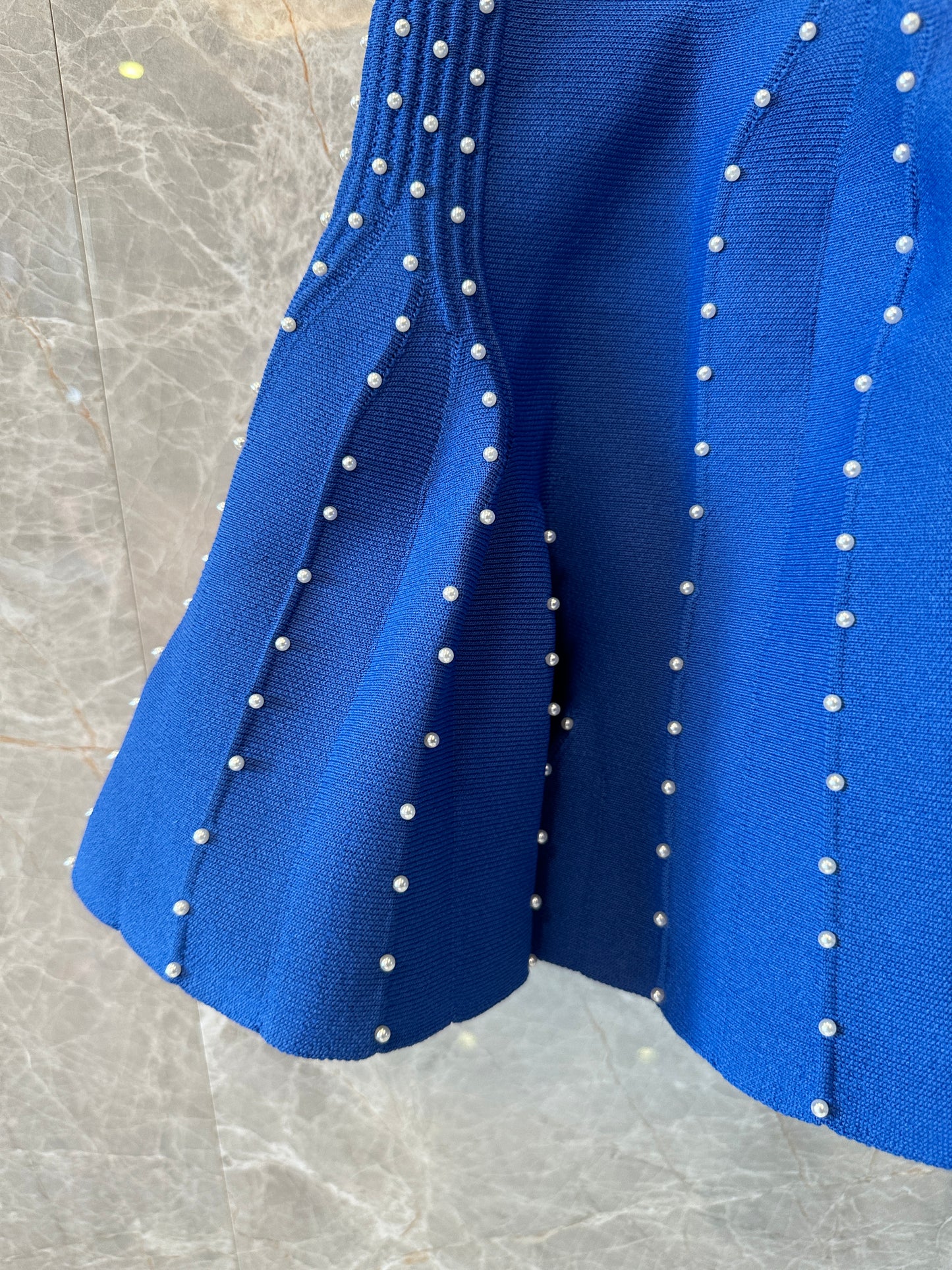 Sandro Blue Knit Mini Dress with Crystal Embellished Pleated Hem