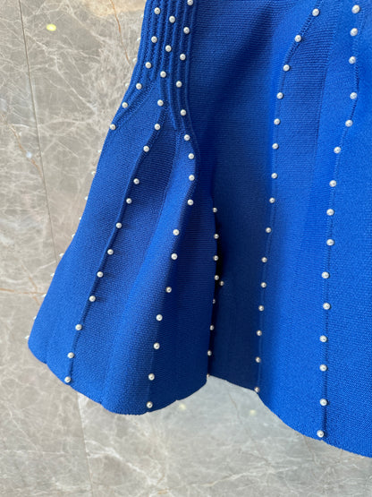Sandro Blue Knit Mini Dress with Crystal Embellished Pleated Hem