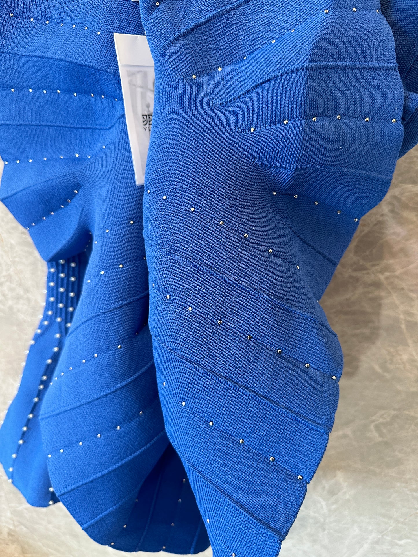 Sandro Blue Knit Mini Dress with Crystal Embellished Pleated Hem