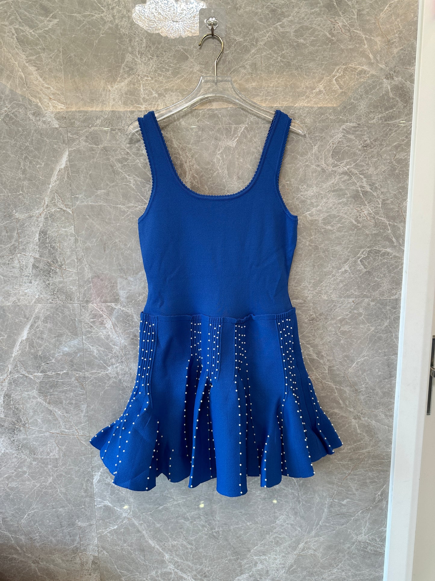Sandro Blue Knit Mini Dress with Crystal Embellished Pleated Hem