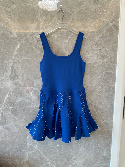 Sandro Blue Knit Mini Dress with Crystal Embellished Pleated Hem