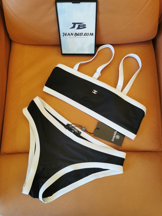 Conjunto de bikini con ribete blanco y negro de Chanel