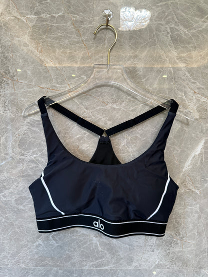 Alo yoga Black Sports Bra & High-Waist Legging Set with White Piping