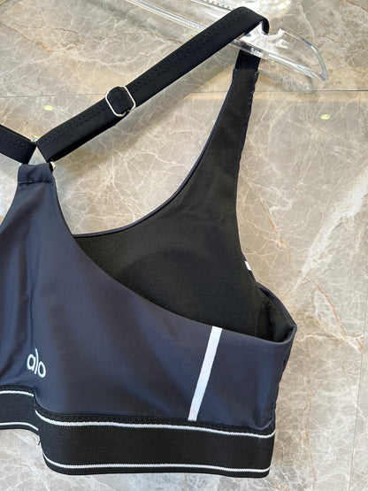 Alo yoga Black Sports Bra & High-Waist Legging Set with White Piping