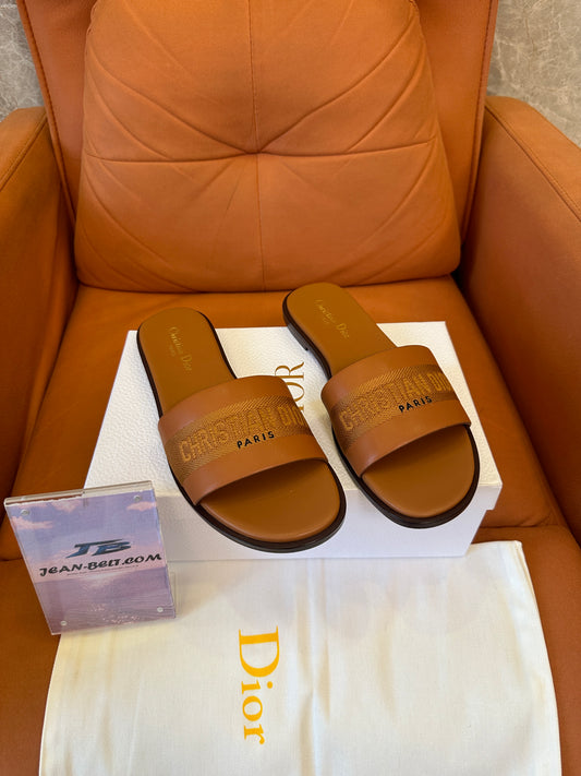 Christian Dior Dway Flat Slide Sandals in Tan Brown