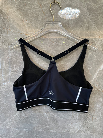 Alo yoga Black Sports Bra & High-Waist Legging Set with White Piping