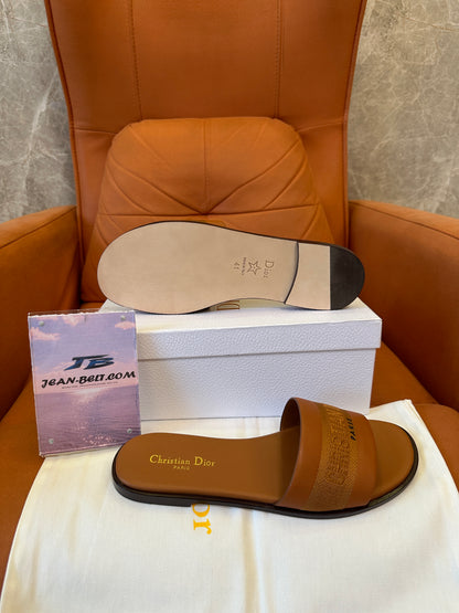 Christian Dior Dway Flat Slide Sandals in Tan Brown