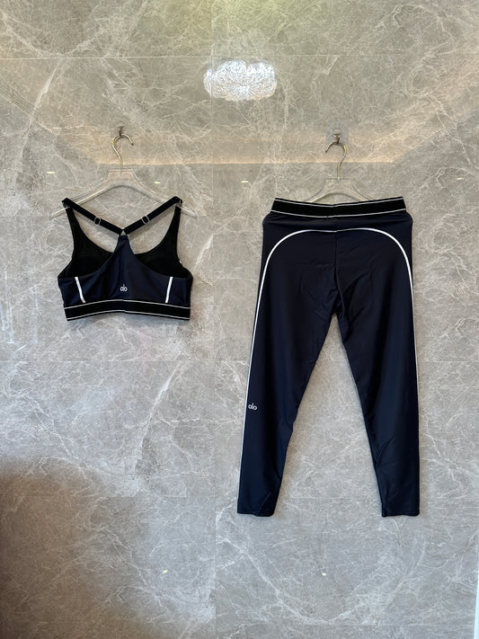 Alo yoga Black Sports Bra & High-Waist Legging Set with White Piping