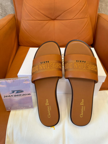 Christian Dior Dway Flat Slide Sandals in Tan Brown