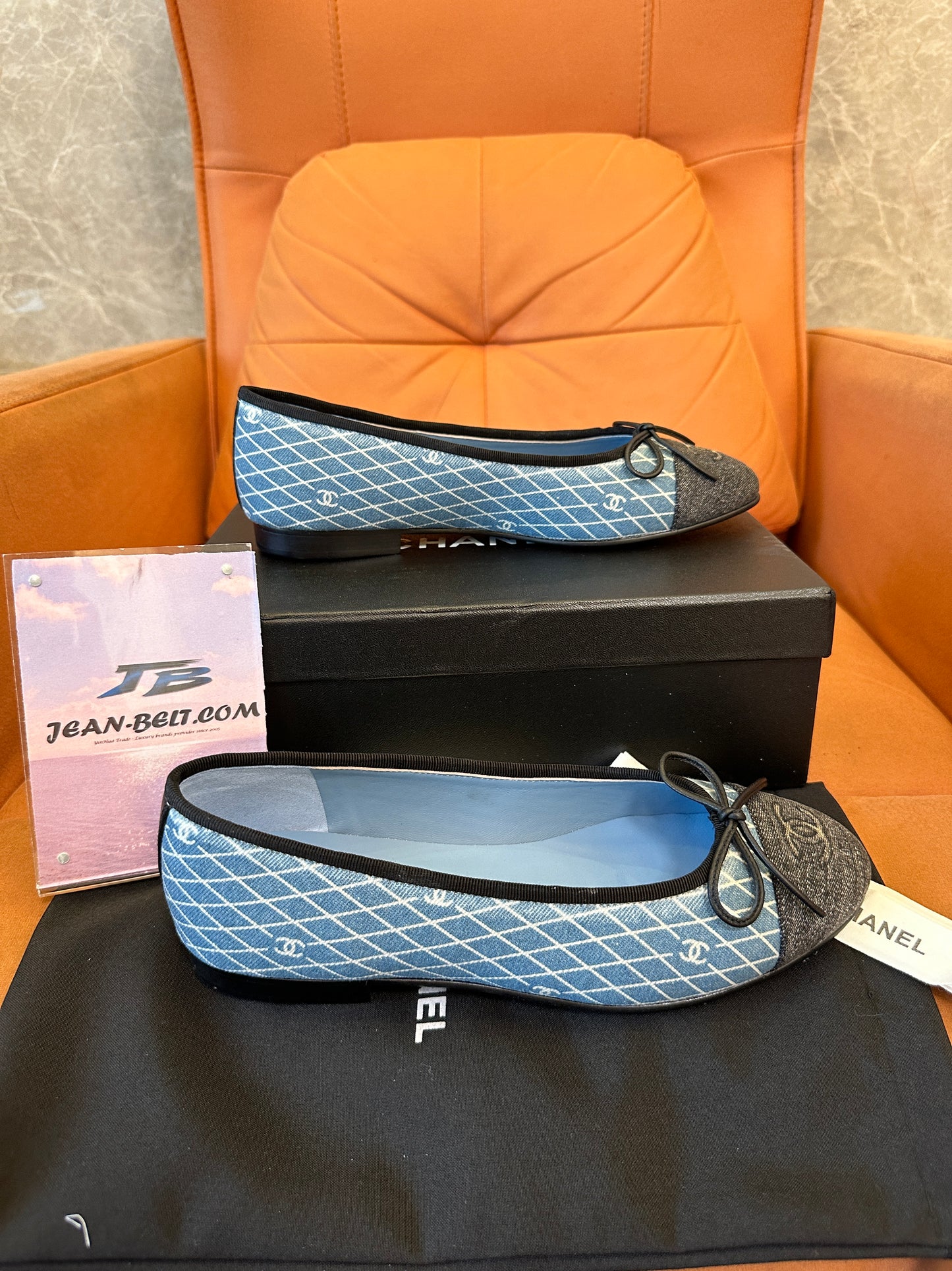 Chanel Ballerina Flats – Blue Diamond-Pattern Denim with Black Cap Toe
