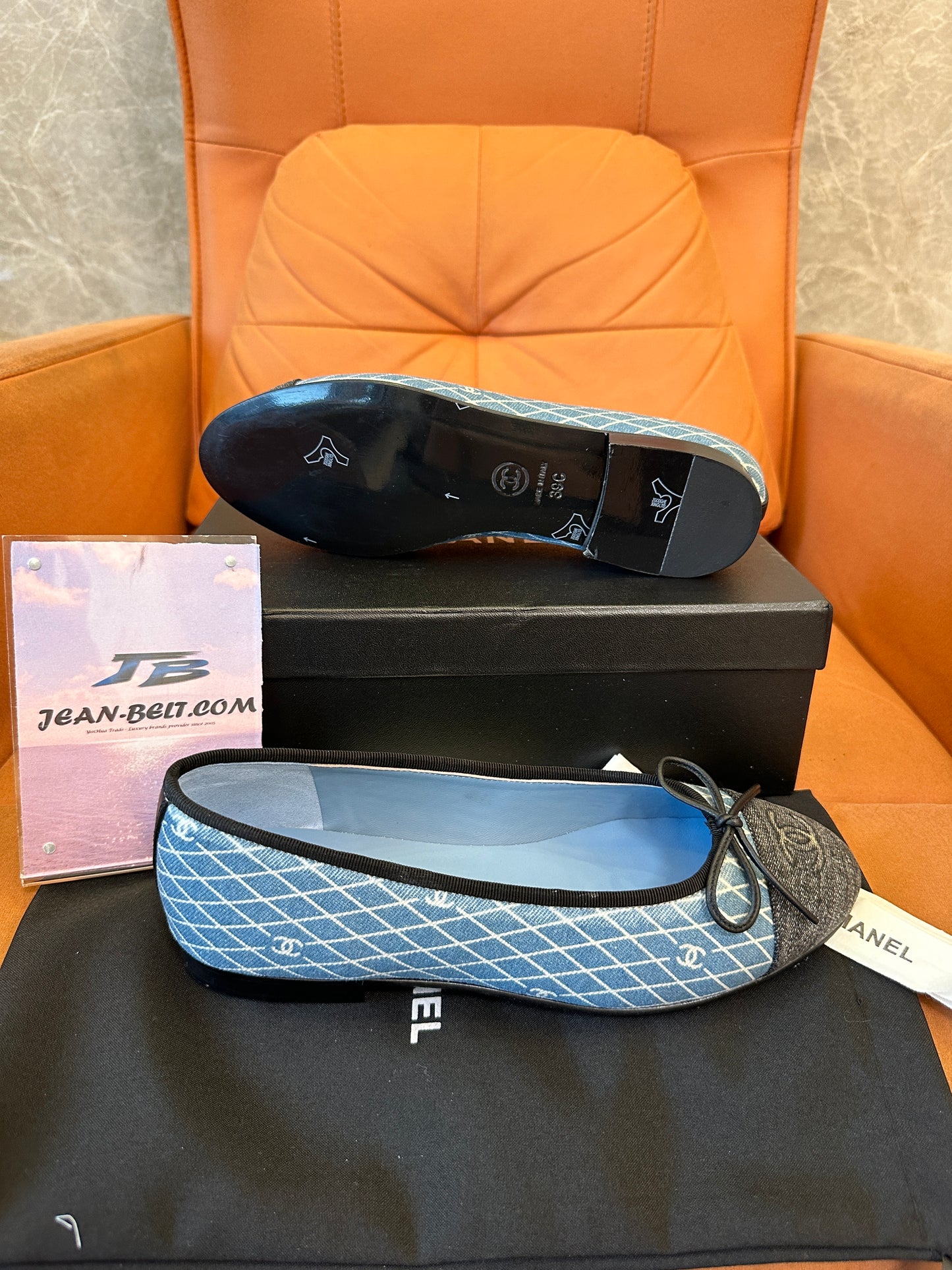 Chanel Ballerina Flats – Blue Diamond-Pattern Denim with Black Cap Toe