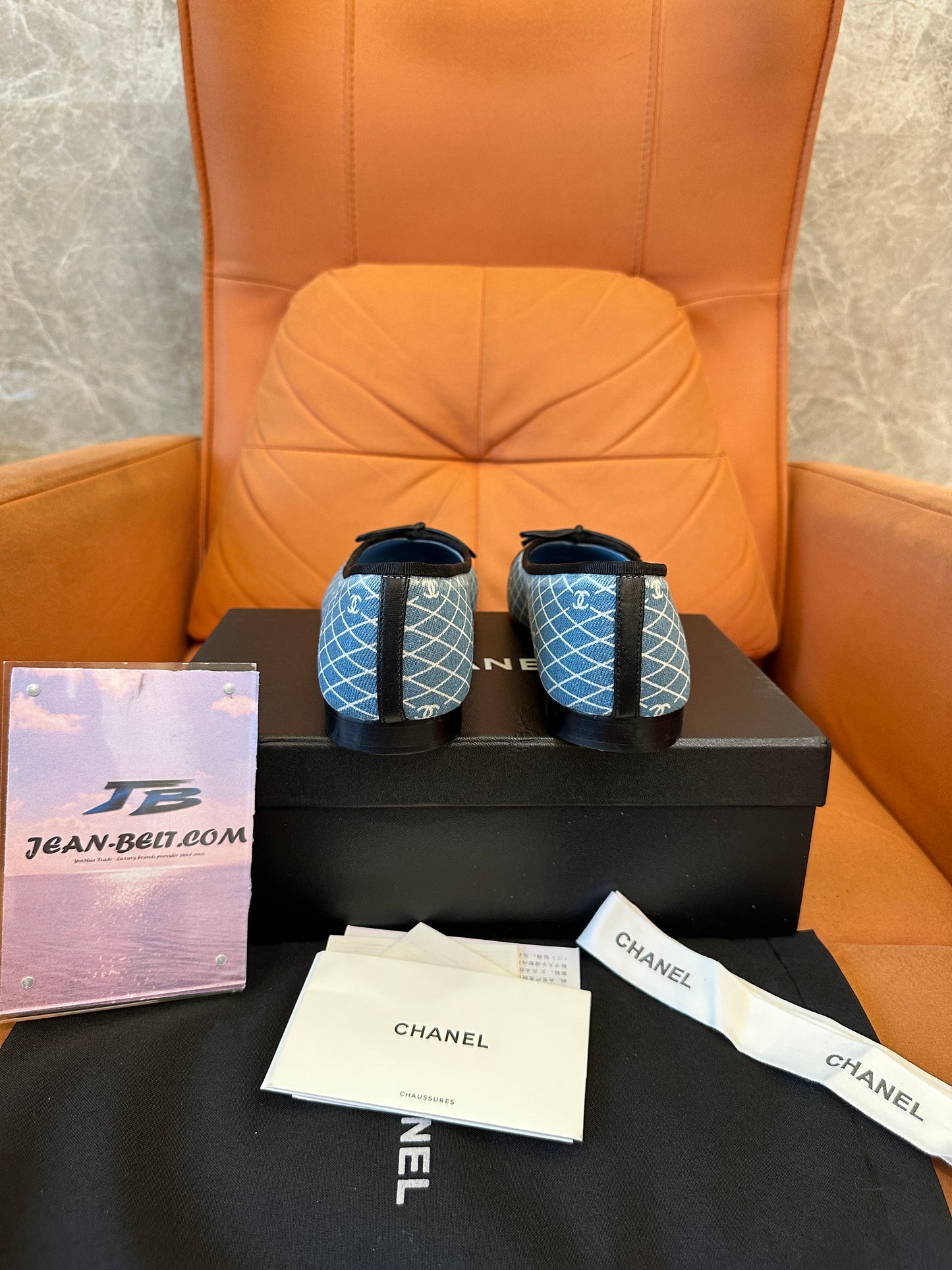 Chanel Ballerina Flats – Blue Diamond-Pattern Denim with Black Cap Toe