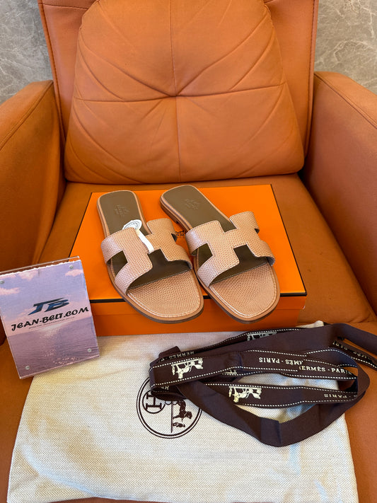 Hermes Lizard Skin H Cut Flat Slide Sandals Handcrafted Luxury Summer Slippers