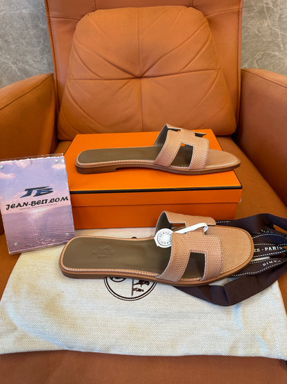 Hermes Lizard Skin H Cut Flat Slide Sandals Handcrafted Luxury Summer Slippers