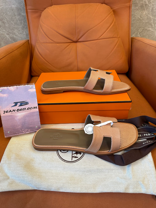 Hermes Lizard Skin H Cut Flat Slide Sandals Handcrafted Luxury Summer Slippers