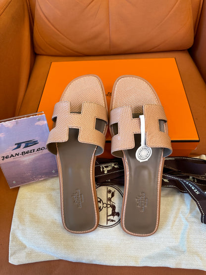 Hermes Lizard Skin H Cut Flat Slide Sandals Handcrafted Luxury Summer Slippers