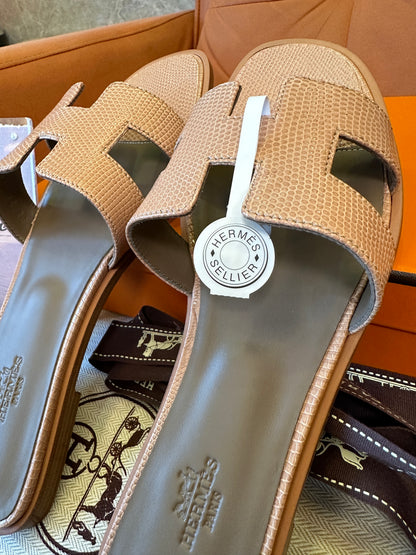 Hermes Lizard Skin H Cut Flat Slide Sandals Handcrafted Luxury Summer Slippers
