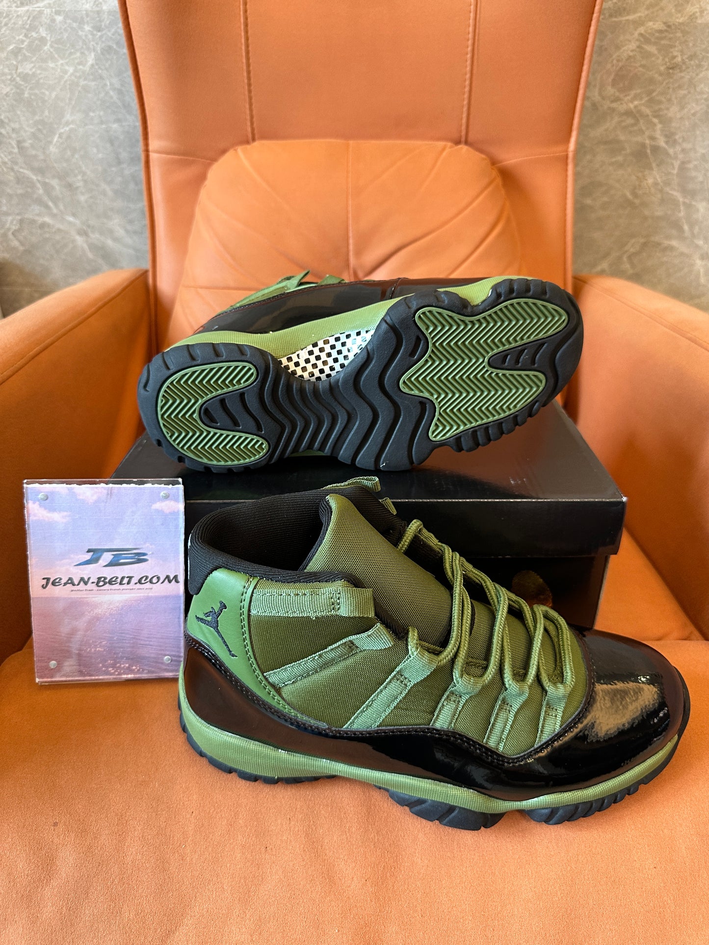 Air Jordan 11 Low Olive Green Black Patent Leather Basketball Sneakers