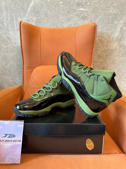 Air Jordan 11 Low Olive Green Black Patent Leather Basketball Sneakers