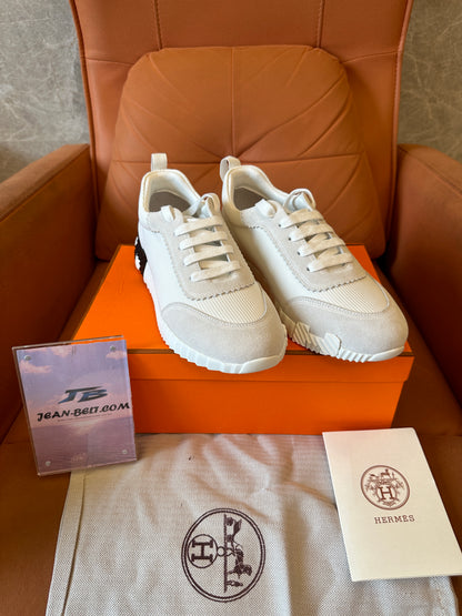 Hermes Bounce Sneaker White Beige Mesh & Suede with H Sole