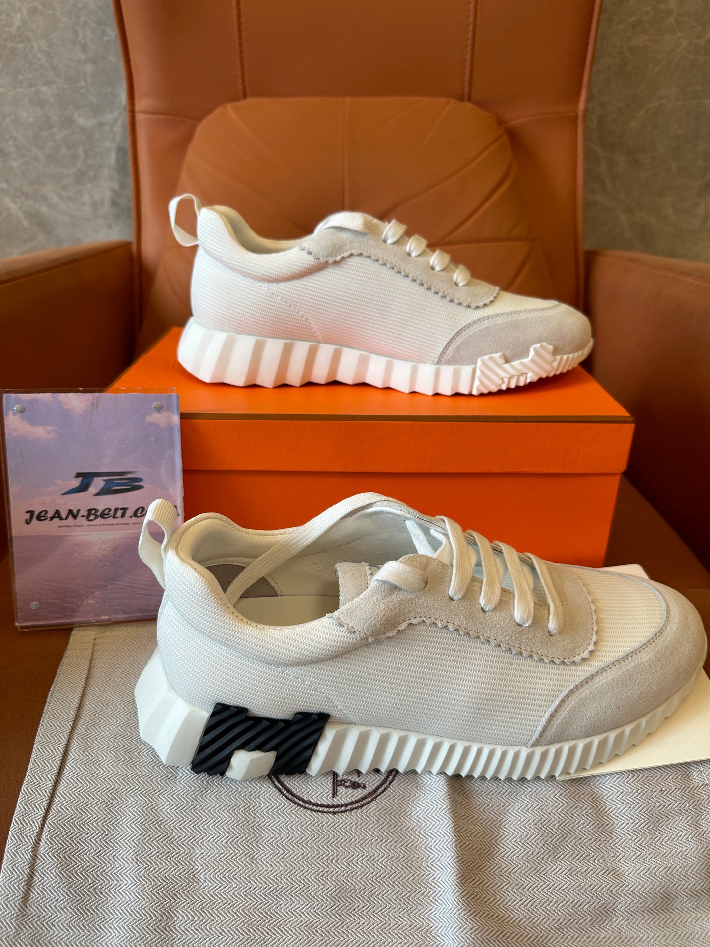 Hermes Bounce Sneaker White Beige Mesh & Suede with H Sole