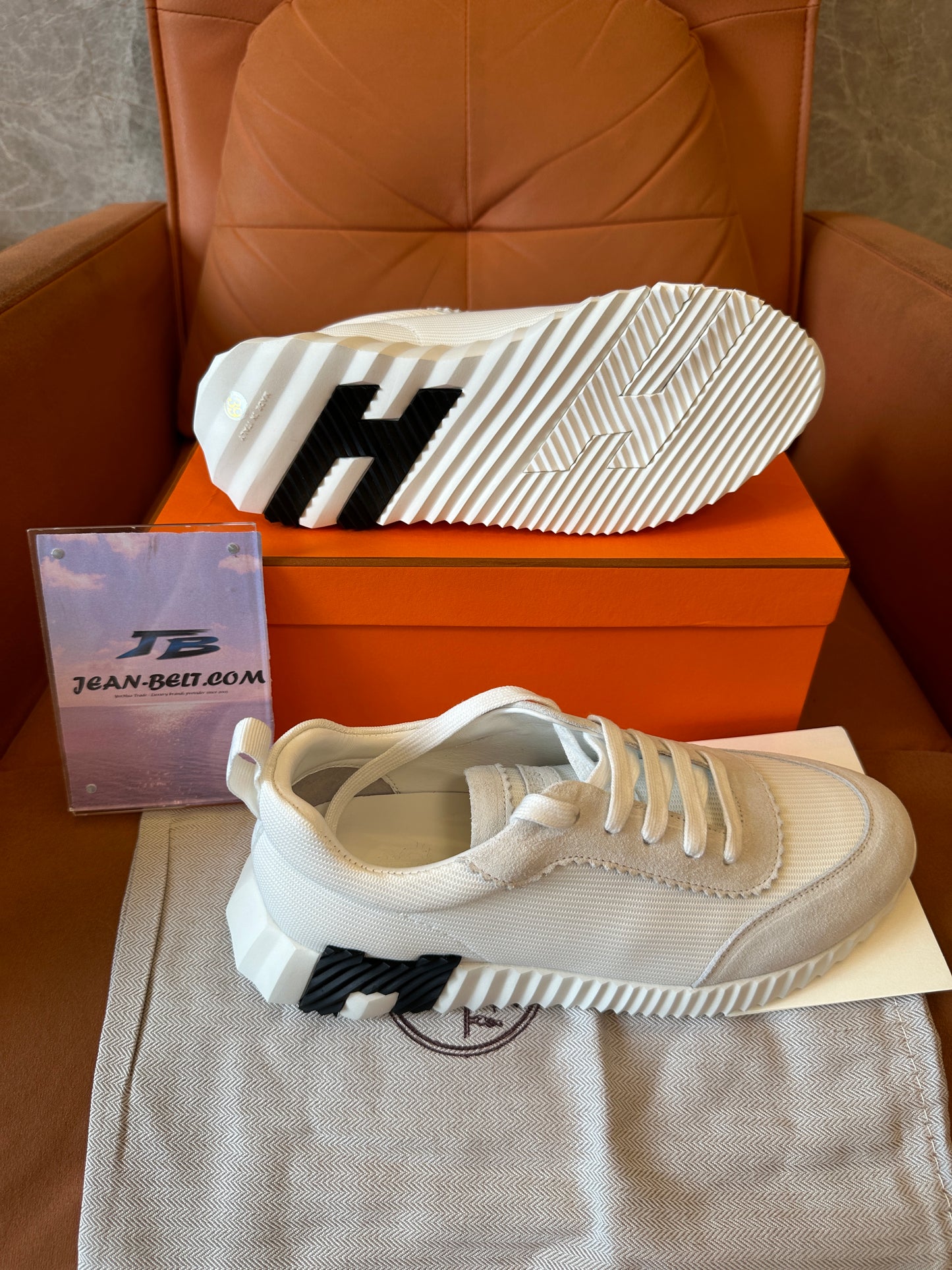 Hermes Bounce Sneaker White Beige Mesh & Suede with H Sole