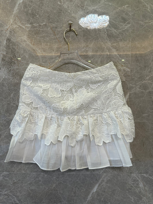Sandro Embroidered Lace Two-Piece Set – Ruffle Tie Vest & Layered Mini Skirt
