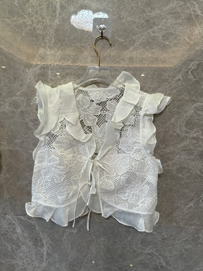 Sandro Embroidered Lace Two-Piece Set – Ruffle Tie Vest & Layered Mini Skirt