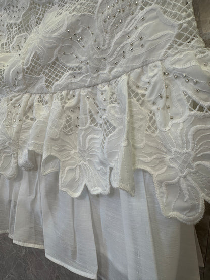 Sandro Embroidered Lace Two-Piece Set – Ruffle Tie Vest & Layered Mini Skirt