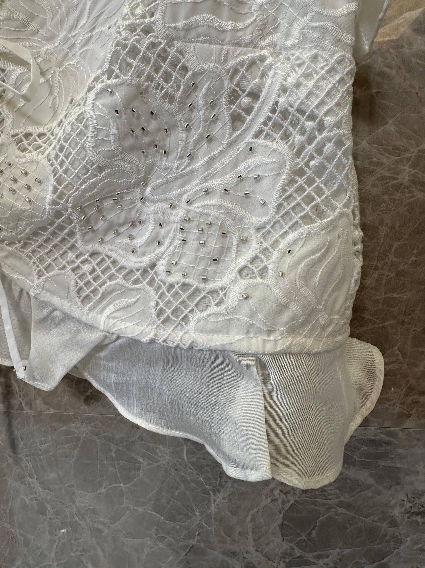 Sandro Embroidered Lace Two-Piece Set – Ruffle Tie Vest & Layered Mini Skirt