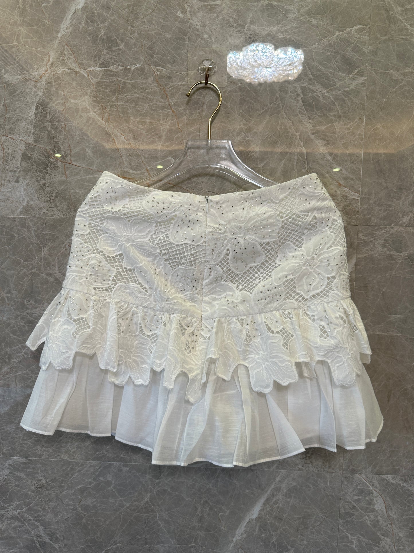 Sandro Embroidered Lace Two-Piece Set – Ruffle Tie Vest & Layered Mini Skirt