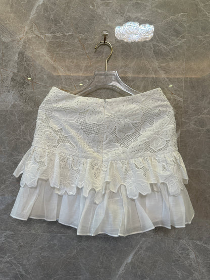 Sandro Embroidered Lace Two-Piece Set – Ruffle Tie Vest & Layered Mini Skirt